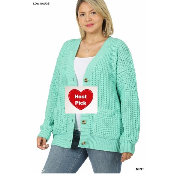 Plus Size Cardigan with Large Pockets Buttoned Front - Mint - Picture 1 of 4
